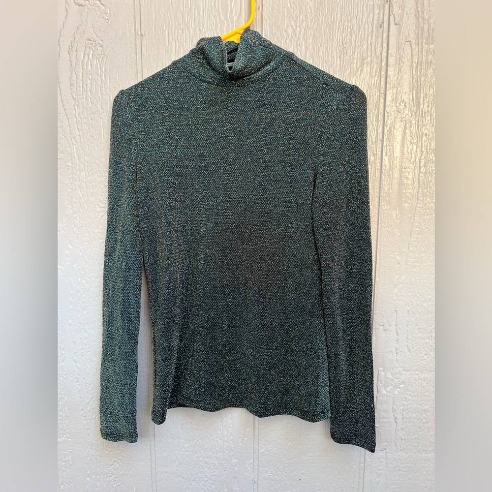 Mango Clothing Deep Green Sparkly Turtleneck Top in Medium